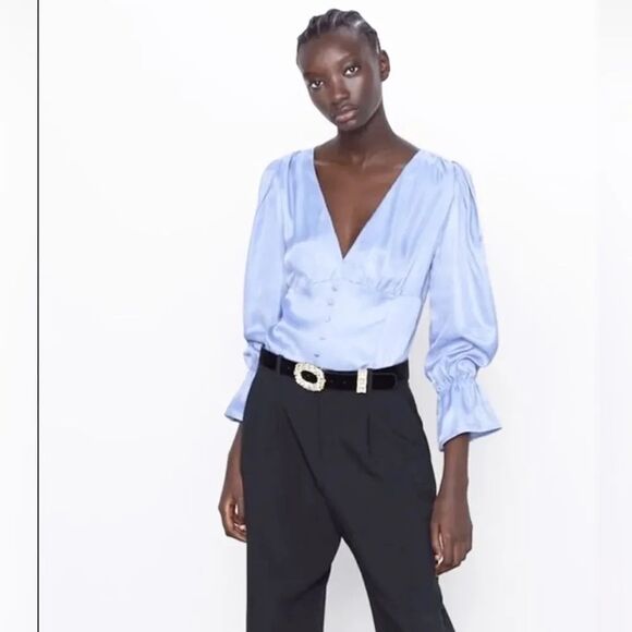 Zara Tops - ZARA Purple/ Blue Silky Satin Long Puff Sleeves Button Front Crop Top M
